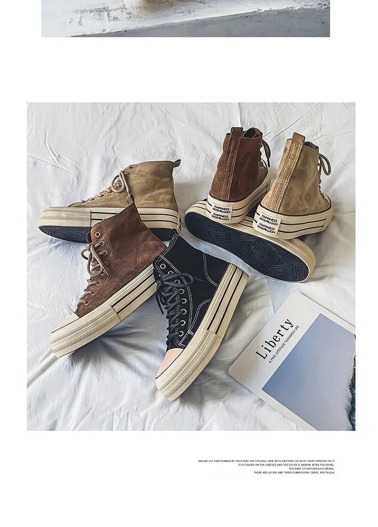 Sneakers Hombre Ante High-Top - Casual Vintage Marrón Botines Tobillo Suela Gruesa Tendencia Cordones