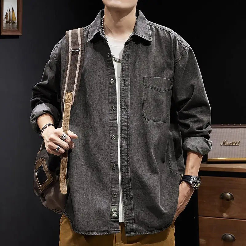 Camisa Denim Hombre Retro Trabajo - Casual Chaqueta Primavera Otoño Azul Manga Larga