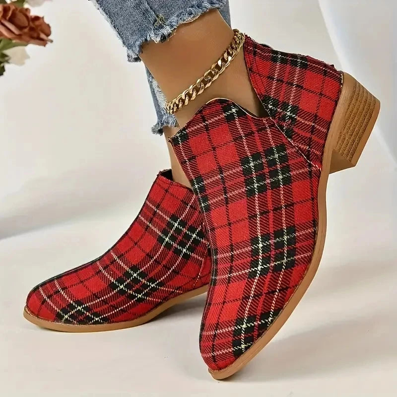 Botas Tobillo Mujer Navidad Cuadros - Chelsea Retro Rojo Plataforma