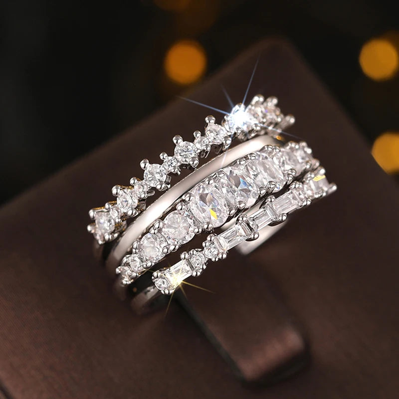 Set 4 Anillos Apilables Circonita - Lujo Trendy Boda Mujer