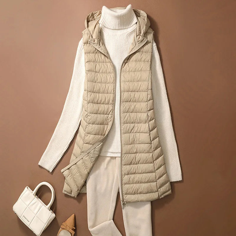 Chaleco Mujer Plumas Pato Ligero - Chaqueta Larga Capucha Slim Otoño