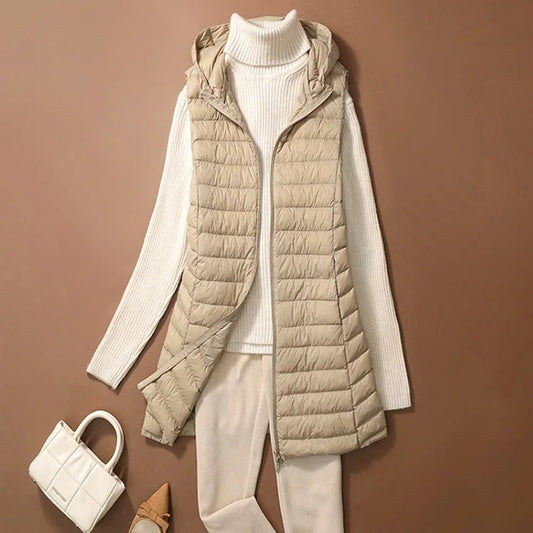 Chaleco Mujer Plumas Pato Ligero - Chaqueta Larga Capucha Slim Otoño