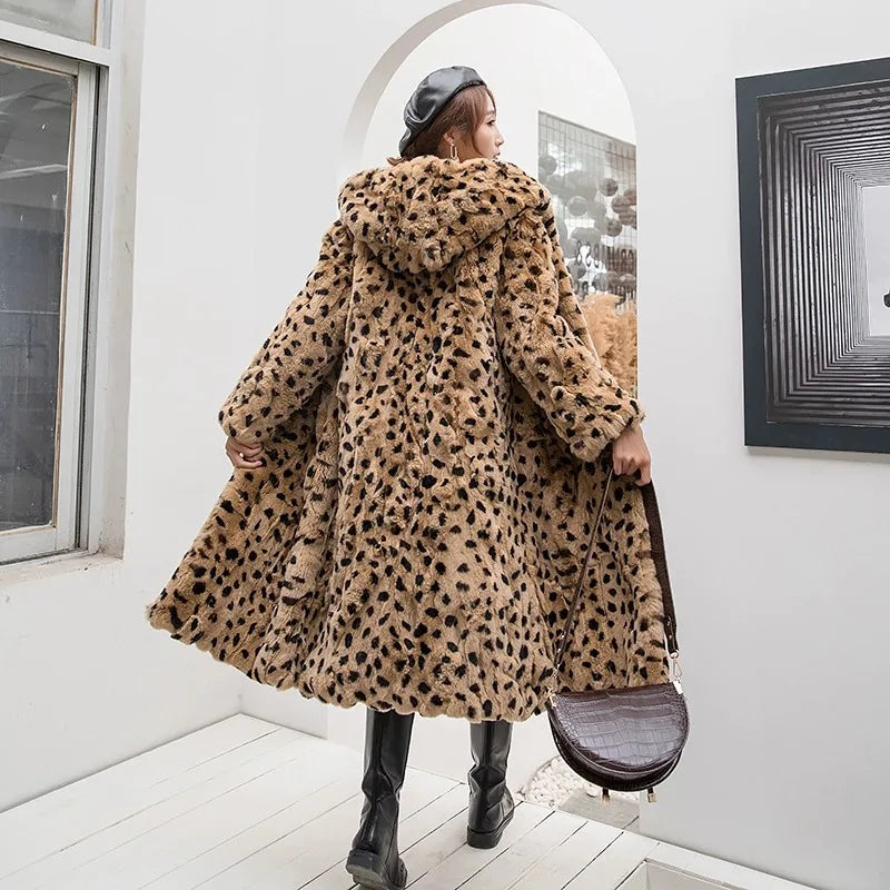 Abrigo Piel Conejo Mujer Capucha - Abrigo Real 110cm Largo Invierno