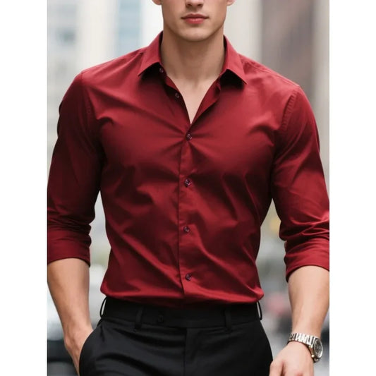 Camisa Formal Hombre Tejido Elástico | Manga Larga Elegante Oficina