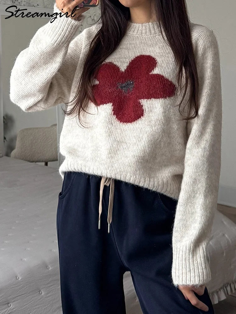 Jersey Mujer Invierno Flores Gris - Punto Holgado Cálido Vintage