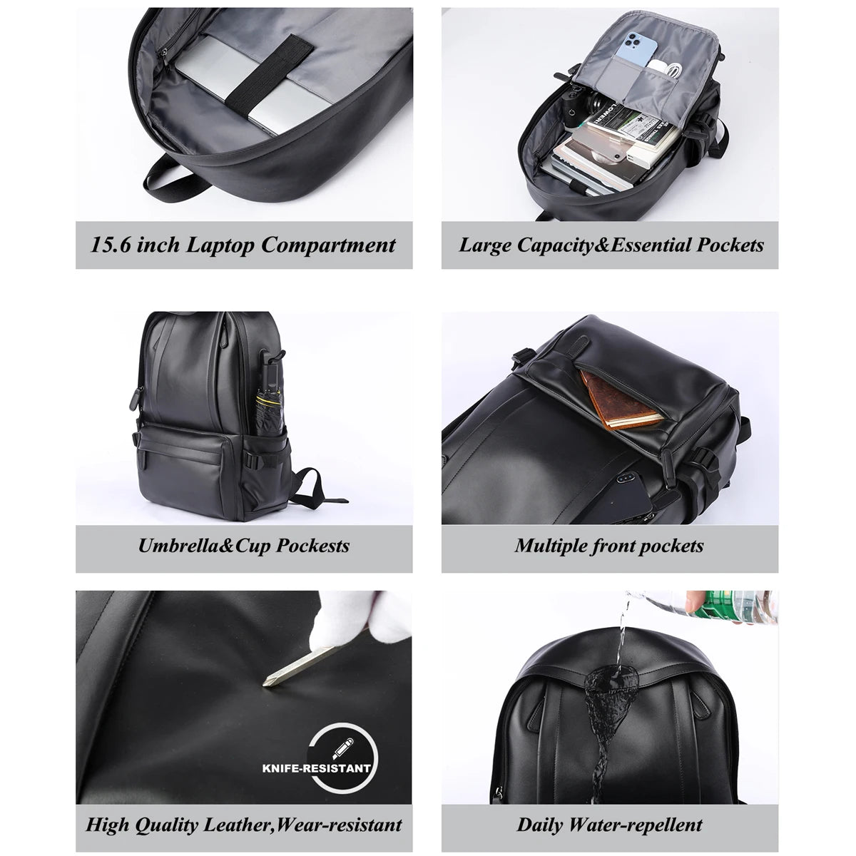 Mochila Cuero Hombre Laptop 14 Pulgadas - Viaje Business Puerto USB Resistente al Agua Daypack