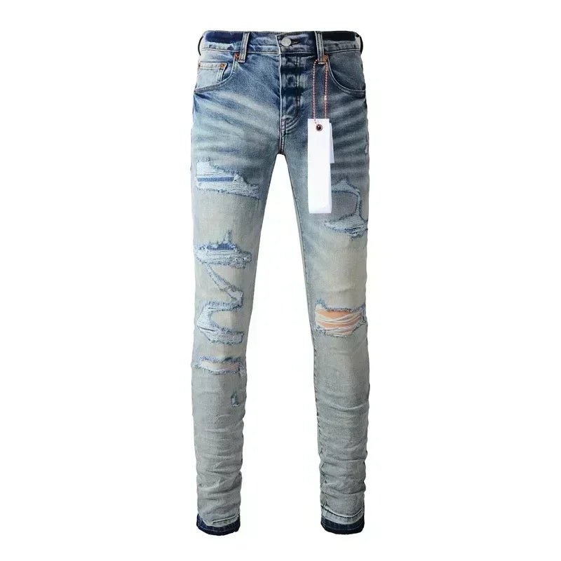 Vaqueros Hombre 2025 High Street Rotos - Jeans Skinny Desgastados Azul Cintura Baja Fashion