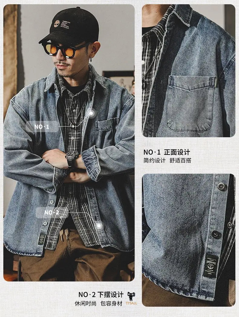 Camisa Denim Hombre Retro Trabajo - Casual Chaqueta Primavera Otoño Azul Manga Larga