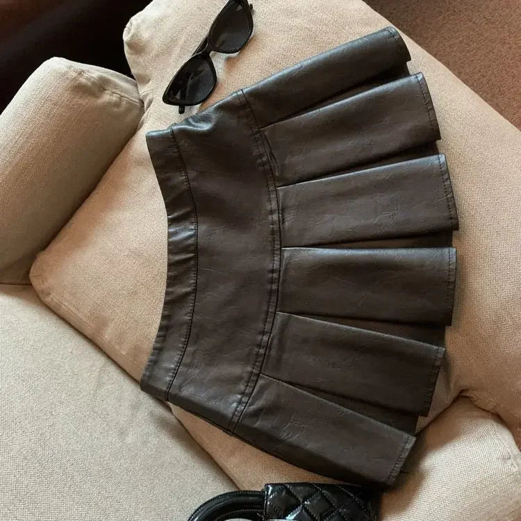 Falda Piel Plisada Mujer Mini - Falda Cuero PU Cintura Alta Roja Negra