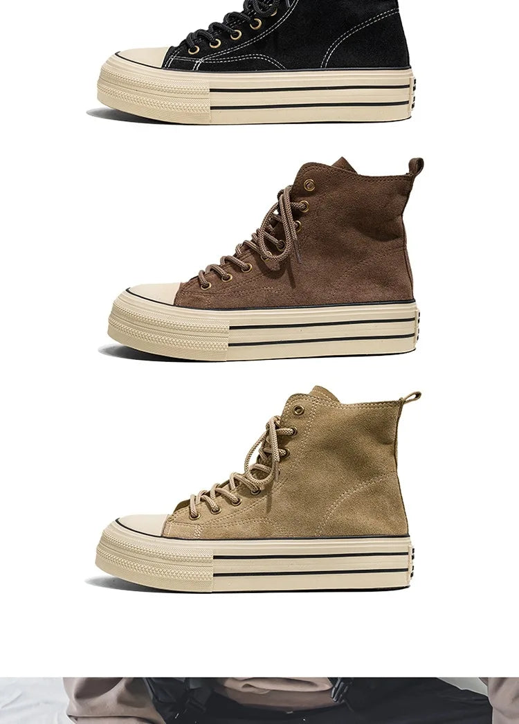 Sneakers Hombre Ante High-Top - Casual Vintage Marrón Botines Tobillo Suela Gruesa Tendencia Cordones