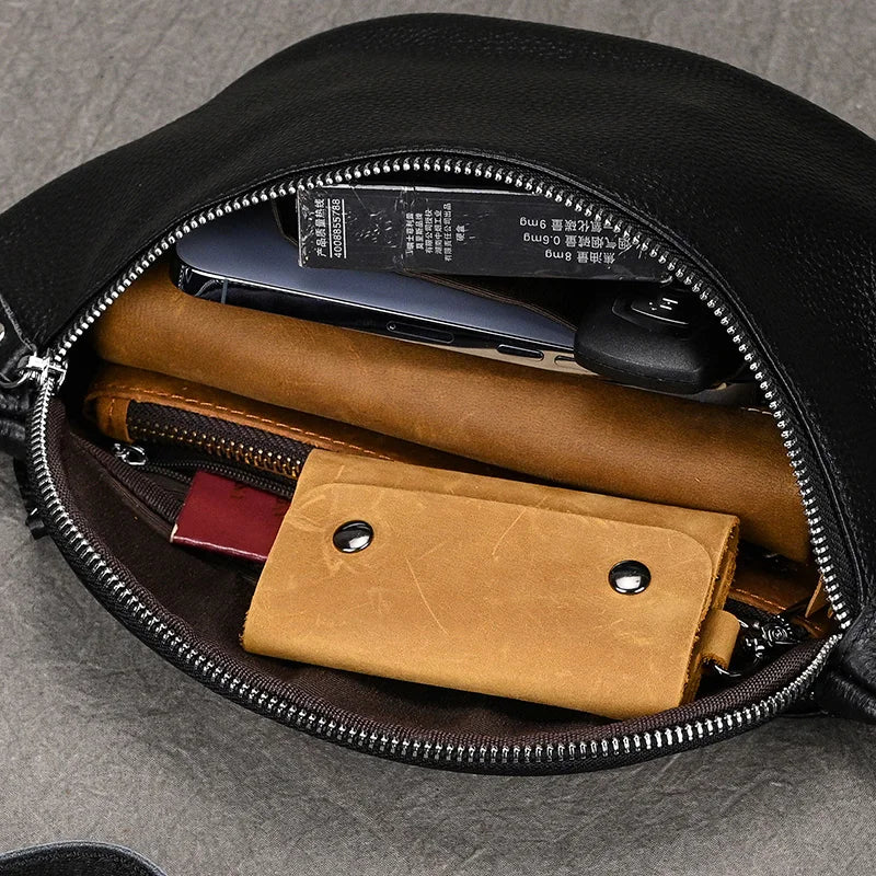 Riñonera Cuero Genuino Hombre - Bolsa Cinturón Móvil Mini Viaje Pecho Crossbody Negra