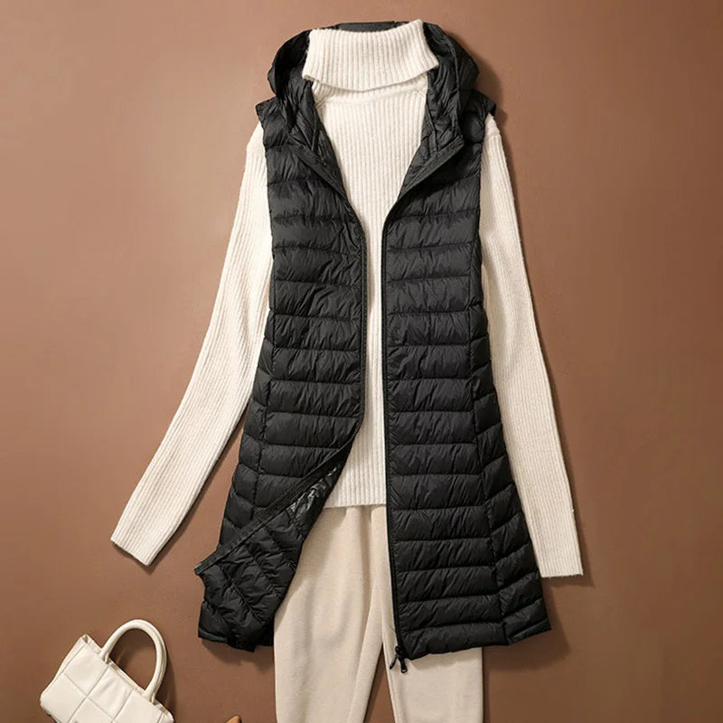 Chaleco Mujer Plumas Pato Ligero - Chaqueta Larga Capucha Slim Otoño