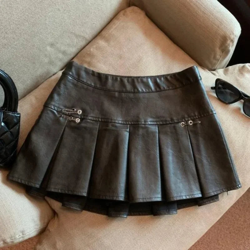 Falda Piel Plisada Mujer Mini - Falda Cuero PU Cintura Alta Roja Negra
