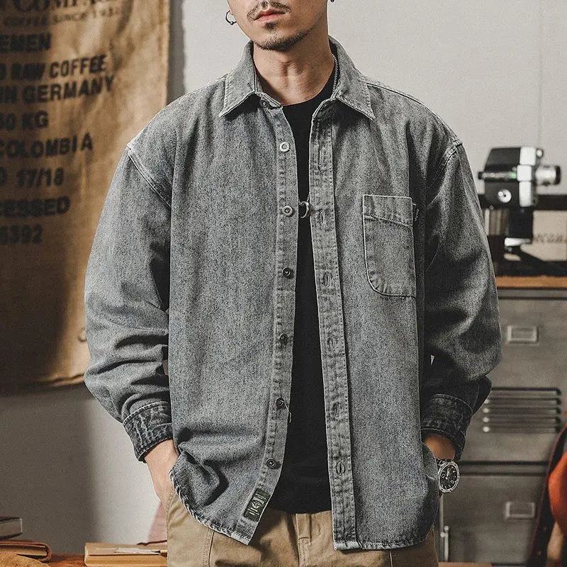 Camisa Denim Hombre Retro Trabajo - Casual Chaqueta Primavera Otoño Azul Manga Larga