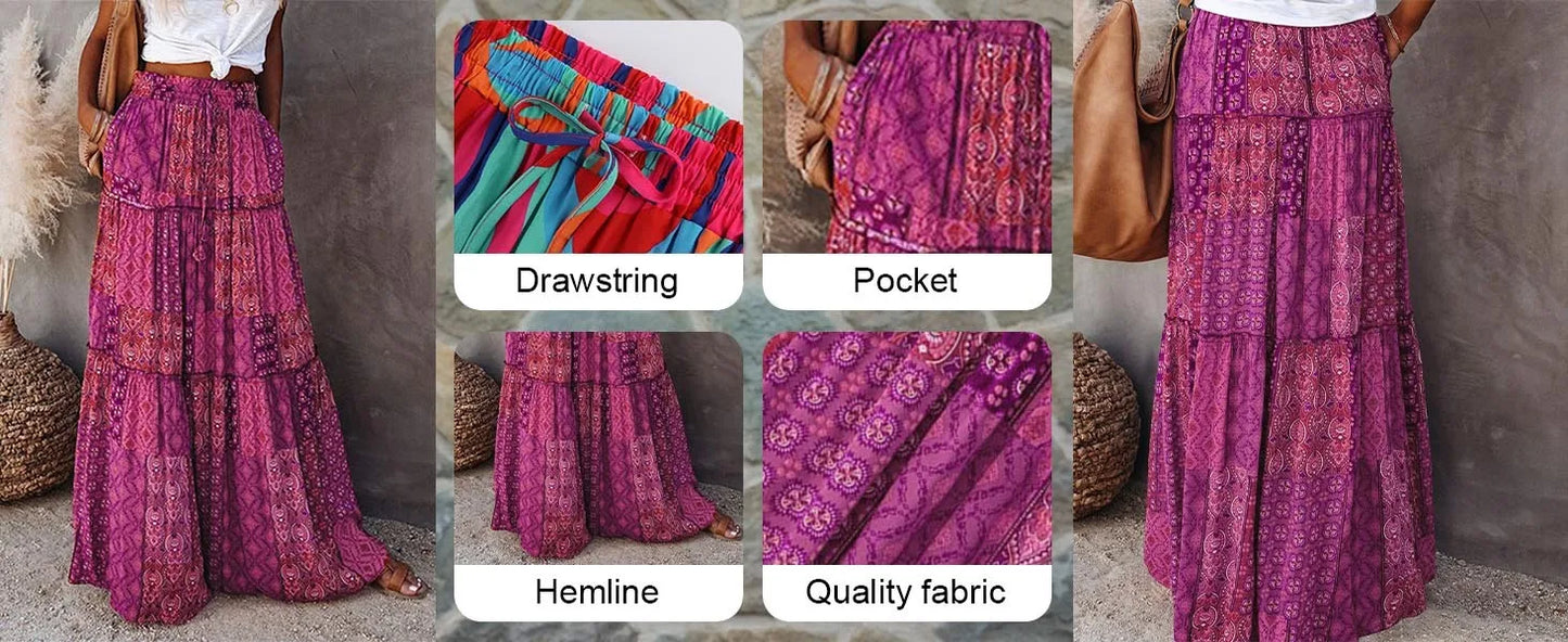 Falda Bohemia Mujer Larga Estampada - Falda Cintura Elástica Bolsillos Primavera