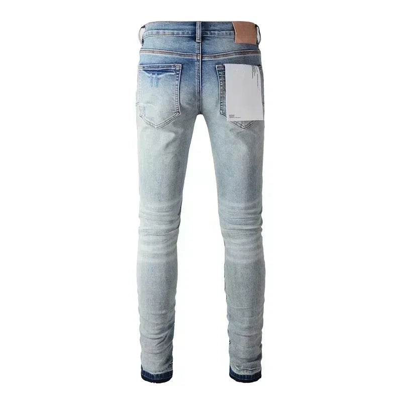 Vaqueros Hombre 2025 High Street Rotos - Jeans Skinny Desgastados Azul Cintura Baja Fashion