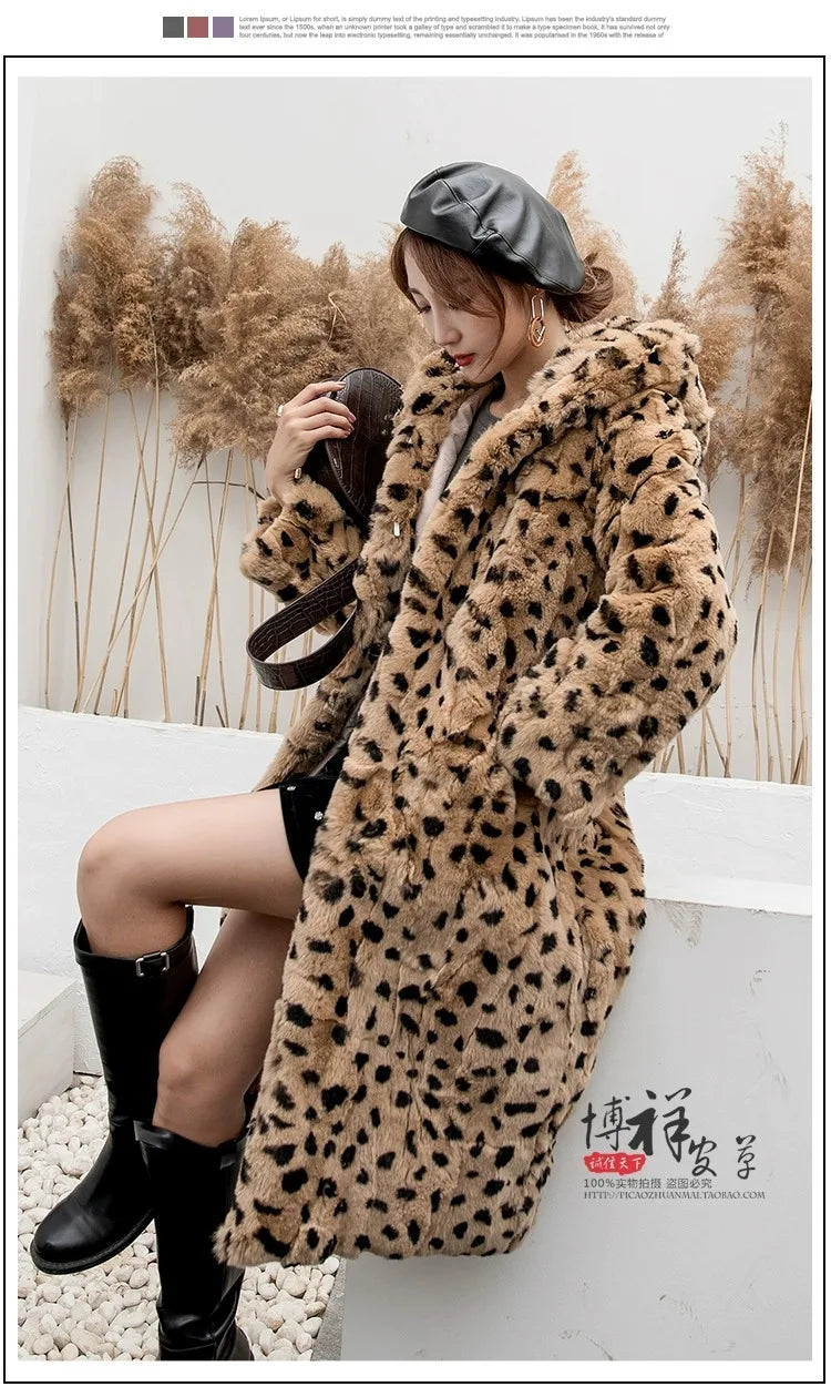 Abrigo Piel Conejo Mujer Capucha - Abrigo Real 110cm Largo Invierno
