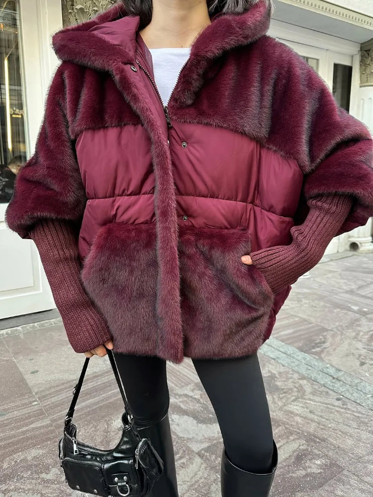 Abrigo Mujer Capucha Patchwork - Abrigo Manga Tejida Oversize 2025