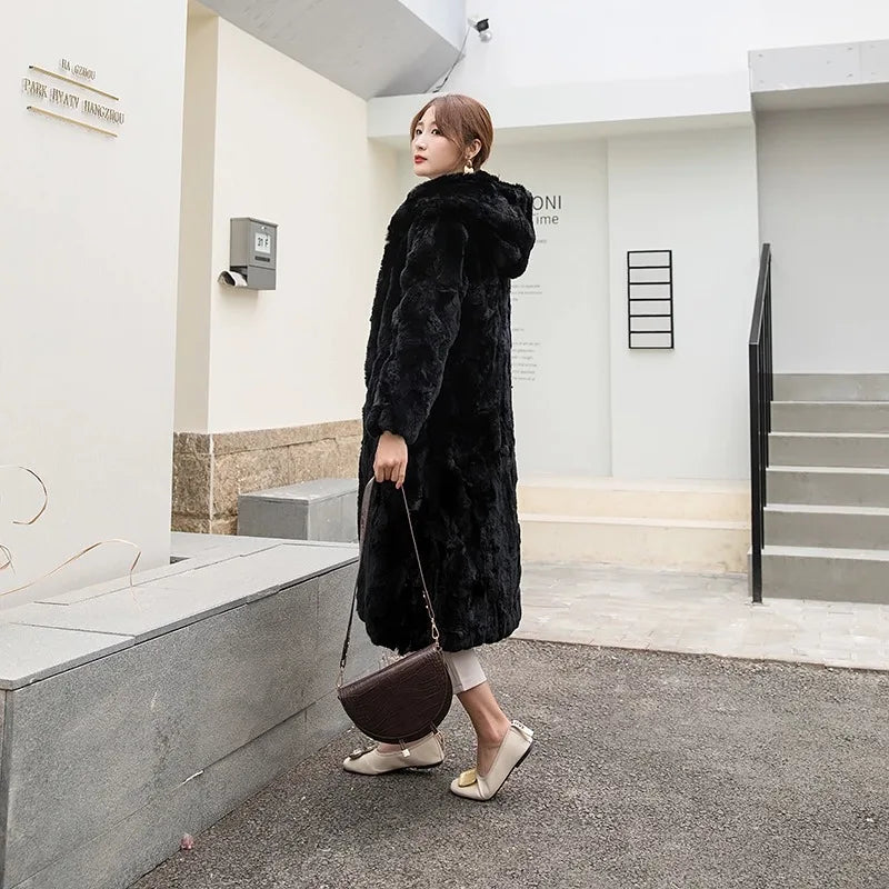 Abrigo Piel Conejo Mujer Capucha - Abrigo Real 110cm Largo Invierno