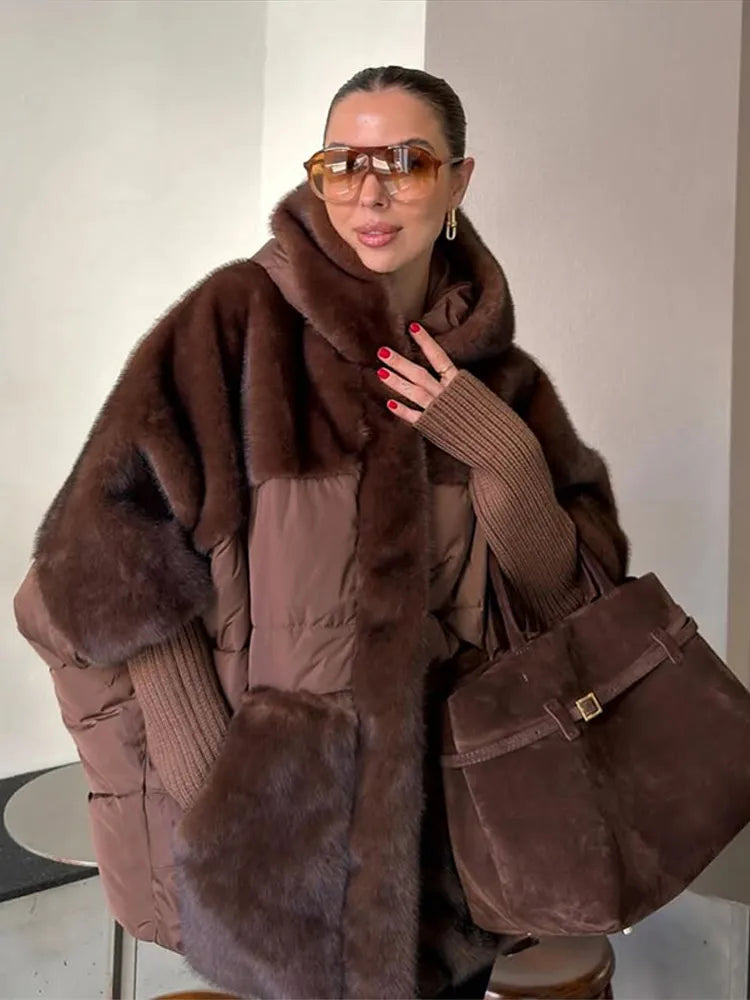 Abrigo Mujer Capucha Patchwork - Abrigo Manga Tejida Oversize 2025