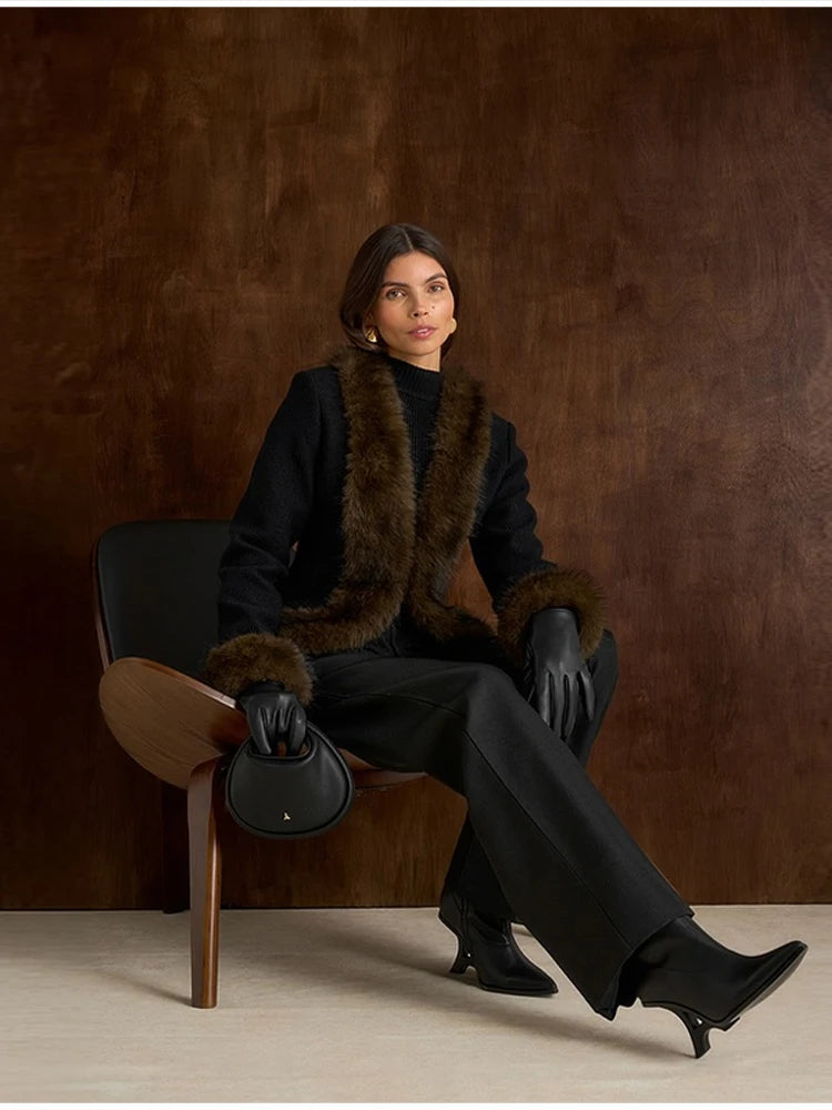 Abrigo Mujer Elegante Cuello Piel - Abrigo Patchwork Slim 2025