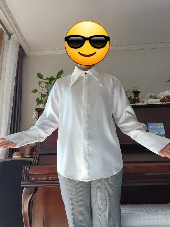 Camisa Satén Seda Mujer Vintage - Blusa Blanca Manga Larga Elegante