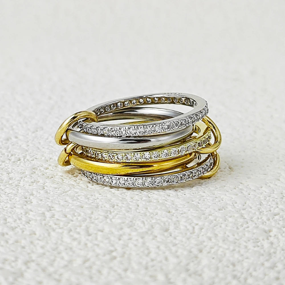 Set 5 Anillos Apilables Acero Inoxidable - Micro Circonita Dos Colores