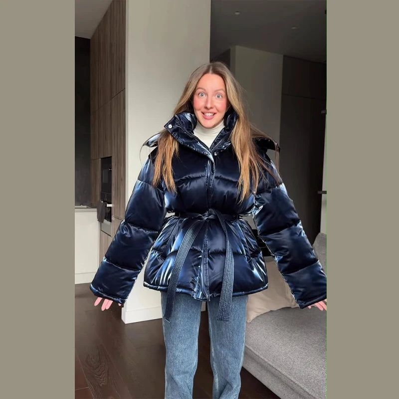 Abrigo Mujer Vintage Brillante - Abrigo Capucha Acolchado Cuello Alto 2025
