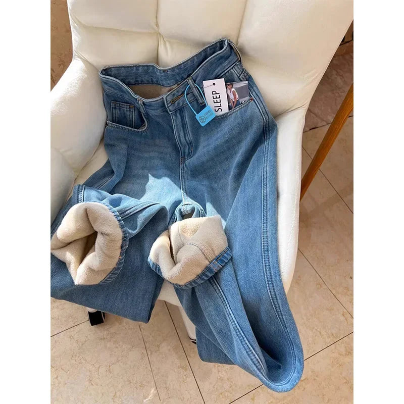 Vaqueros Mujer Forro Polar Invierno - Jeans Pierna Ancha Térmicos Gruesos