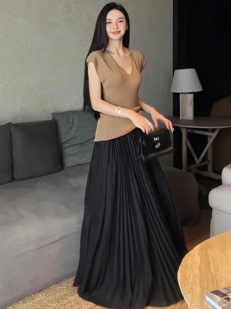 Falda Plisada Mujer Elegante 2024 - Falda Midi Cintura Alta Negra