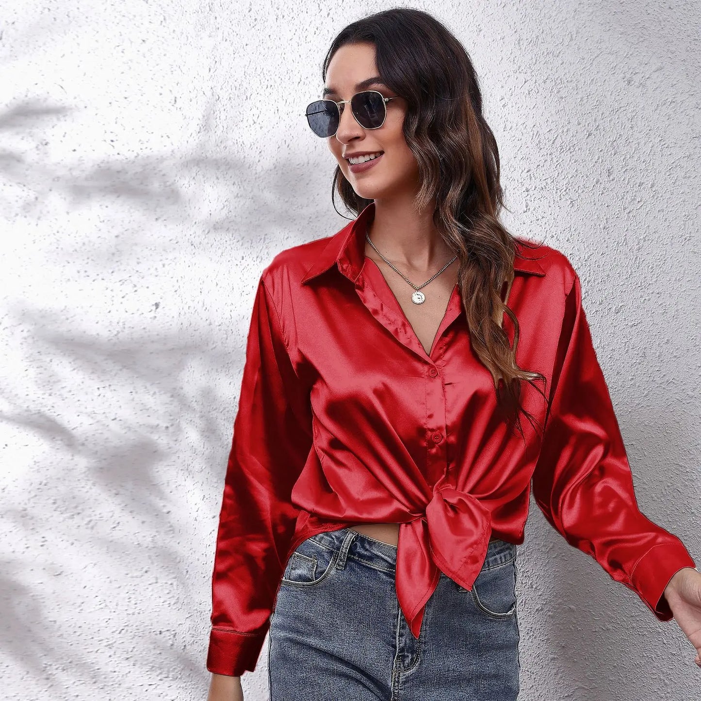 Blusa Satén Mujer Manga Larga Streetwear - Camisa Elegante Primavera Otoño