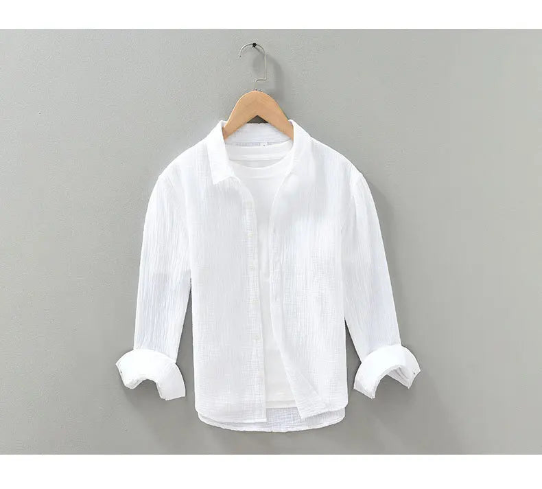 Camisa Hombre Gasa Doble Algodón - Casual Arrugada Manga Larga Suave Transpirable Cuello Cuadrado
