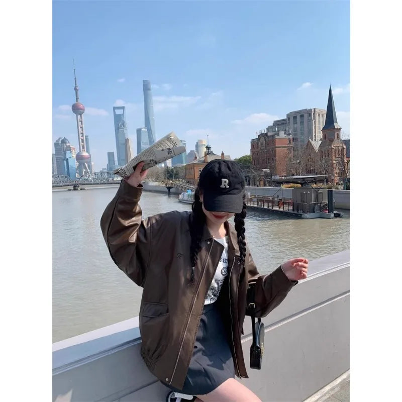 Chaqueta Cuero Mujer Americana - Chaqueta Moto Café Retro 2024