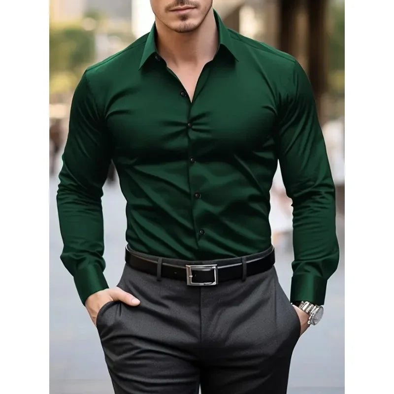 Camisa Formal Hombre Tejido Elástico | Manga Larga Elegante Oficina
