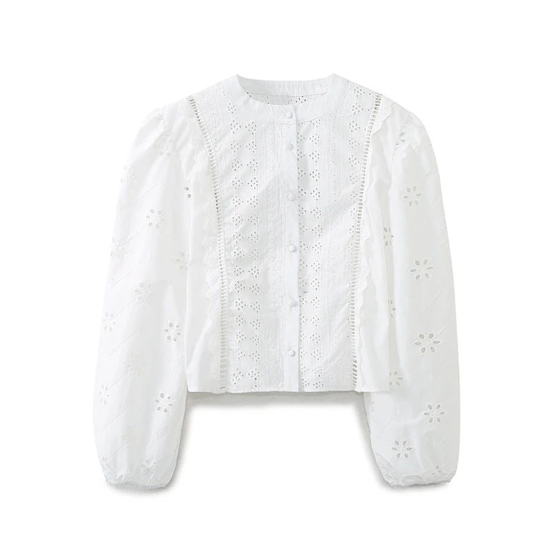 Blusa Mujer Bordado Blanca 2024 - Camisa Crop Manga Larga Streetwear