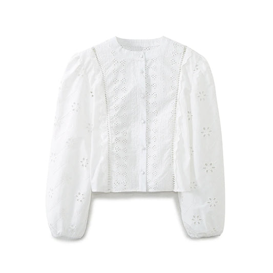 Blusa Mujer Bordado Blanca 2024 - Camisa Crop Manga Larga Streetwear