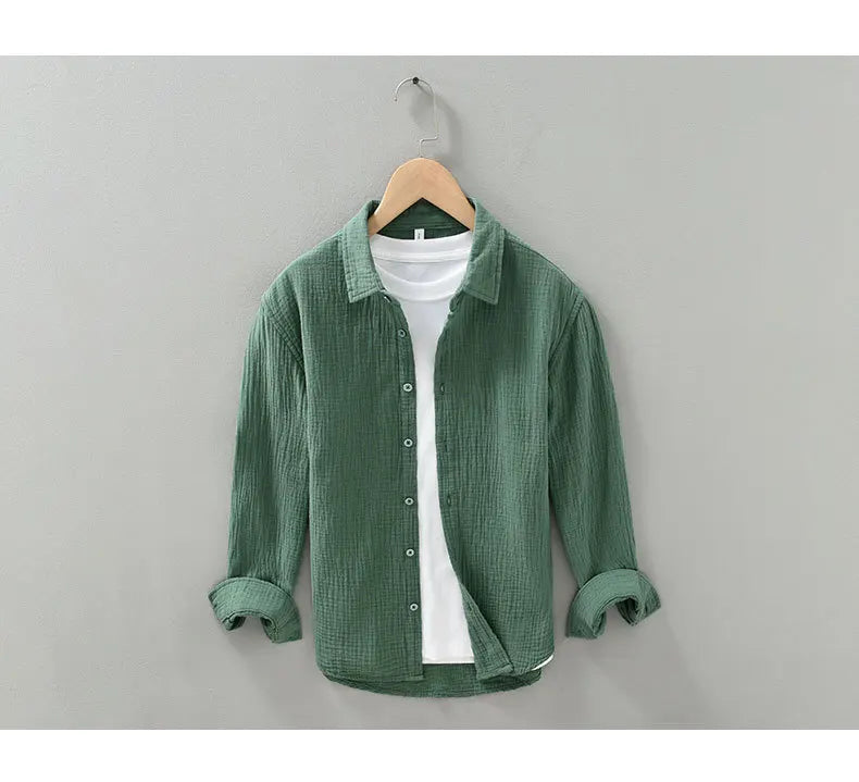Camisa Hombre Gasa Doble Algodón - Casual Arrugada Manga Larga Suave Transpirable Cuello Cuadrado