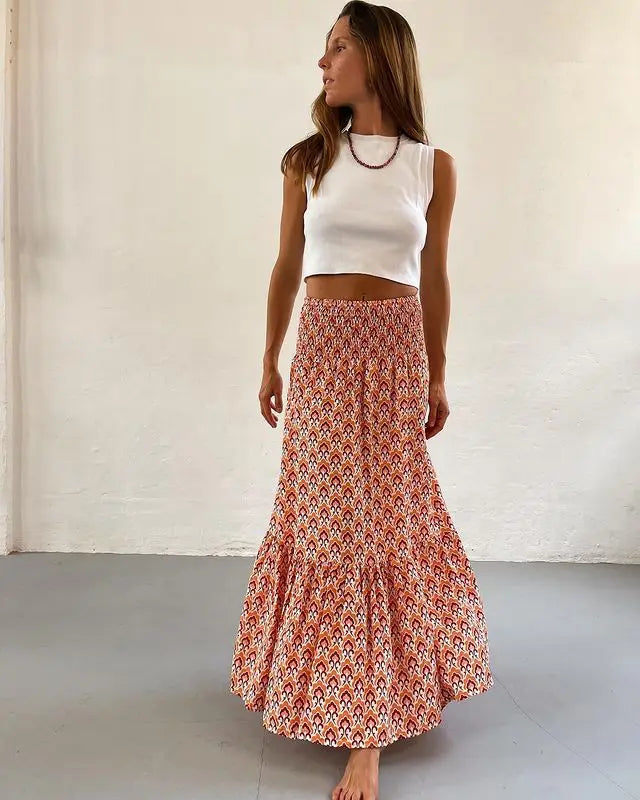 Falda Boho Mujer Casual - Falda Maxi Floral Cintura Elástica Playa Primavera