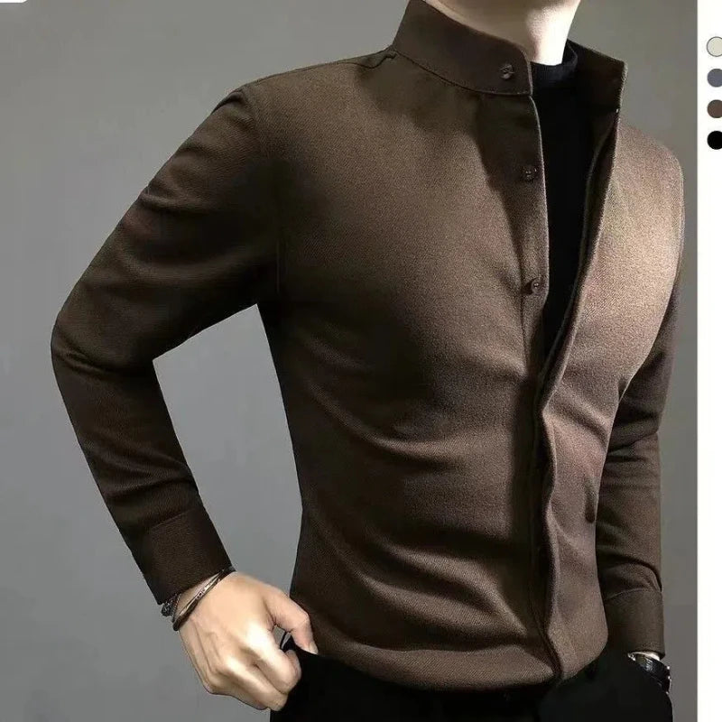 Camisa Hombre Business Casual Primavera Otoño - Manga Larga Solapa Botones Ocultos Coreano Streetwear Oficina