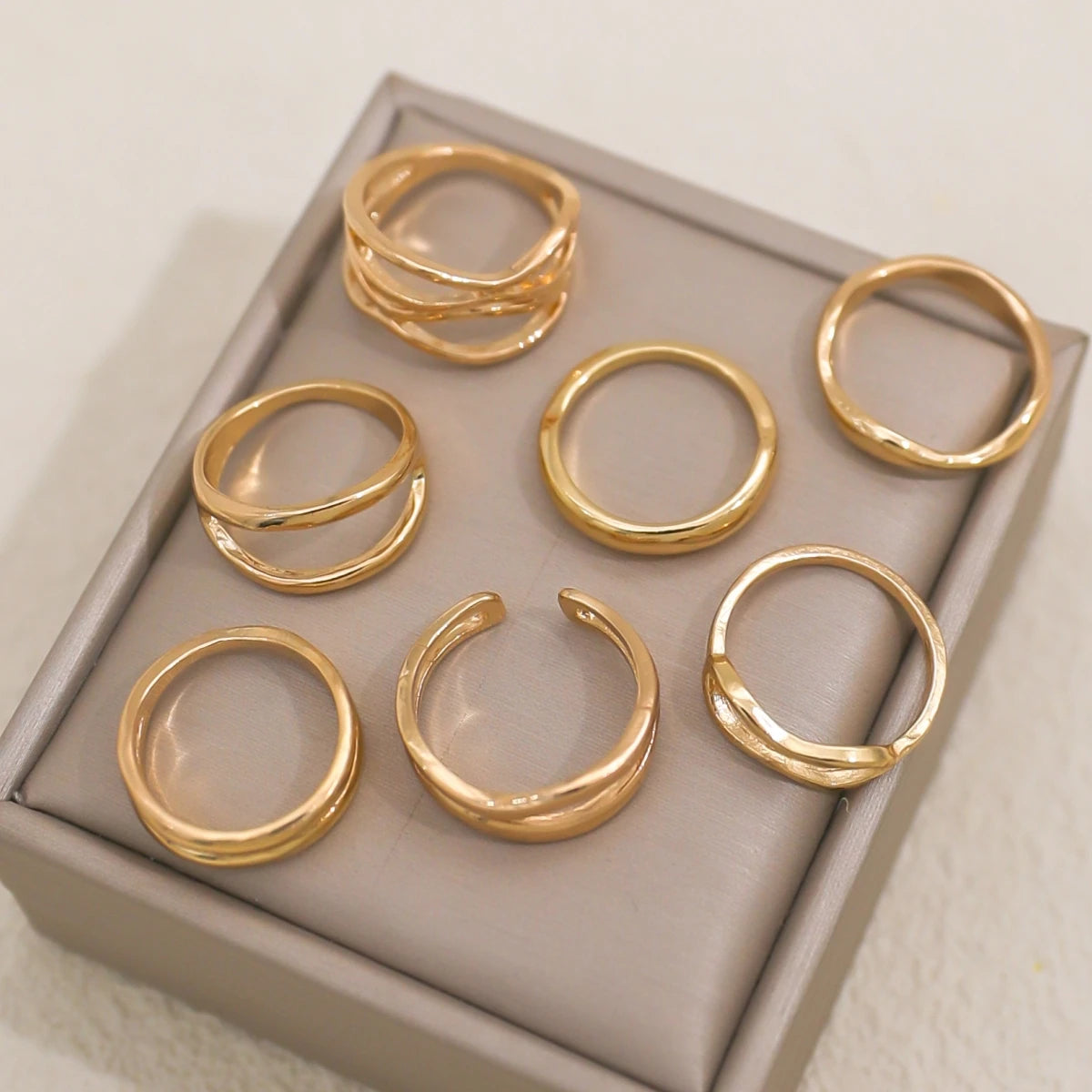 Set 7 Anillos Dorado Gruesos - Minimalistas Cruzados Apilables Mujer