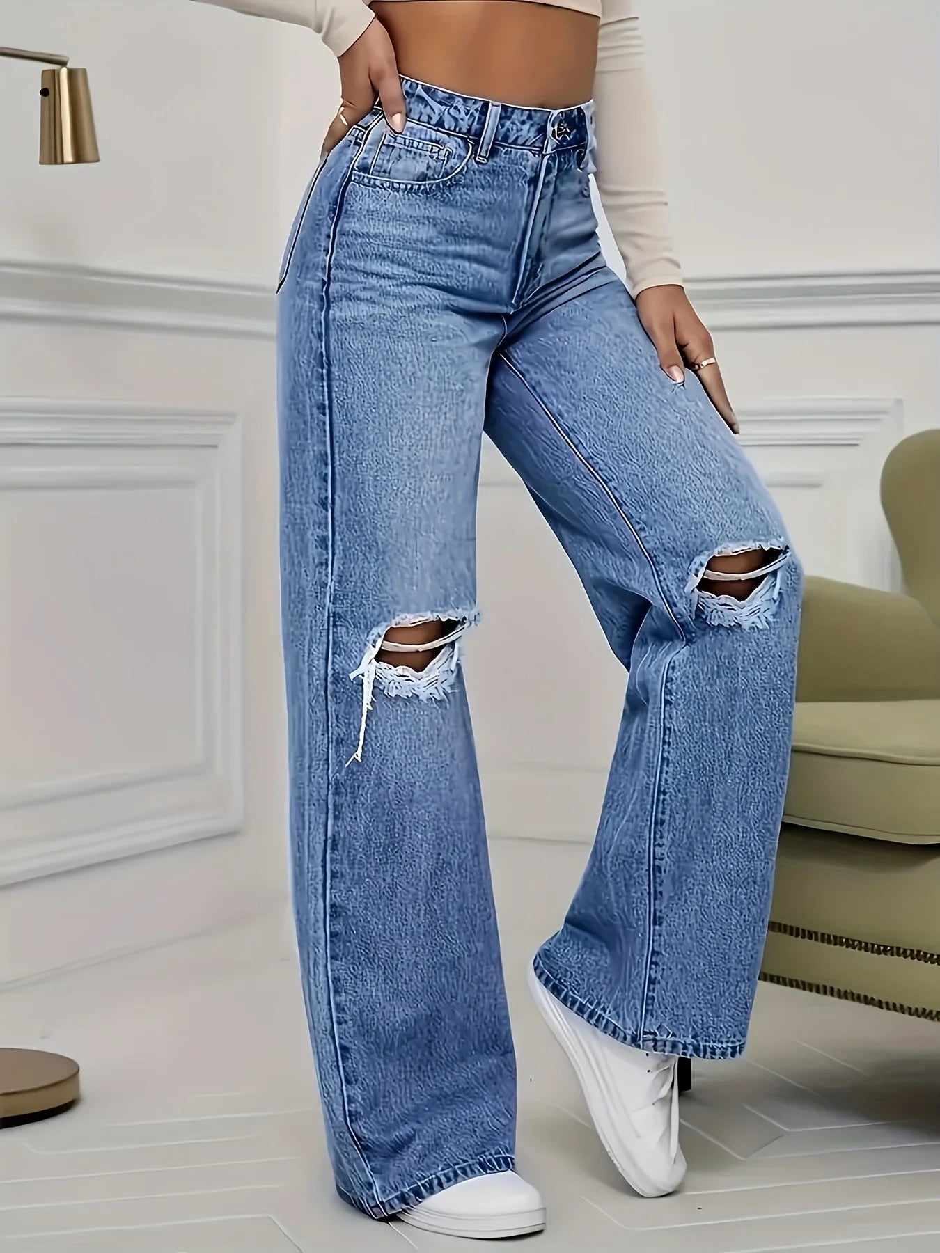 Vaqueros Mujer Pierna Recta Rotos - Jeans Cintura Alta Casual
