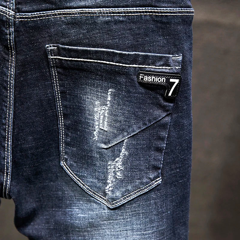 Vaqueros Rotos Hombre 2025 Coreanos - Jeans Slim Fit Algodón Elásticos Azul Negro