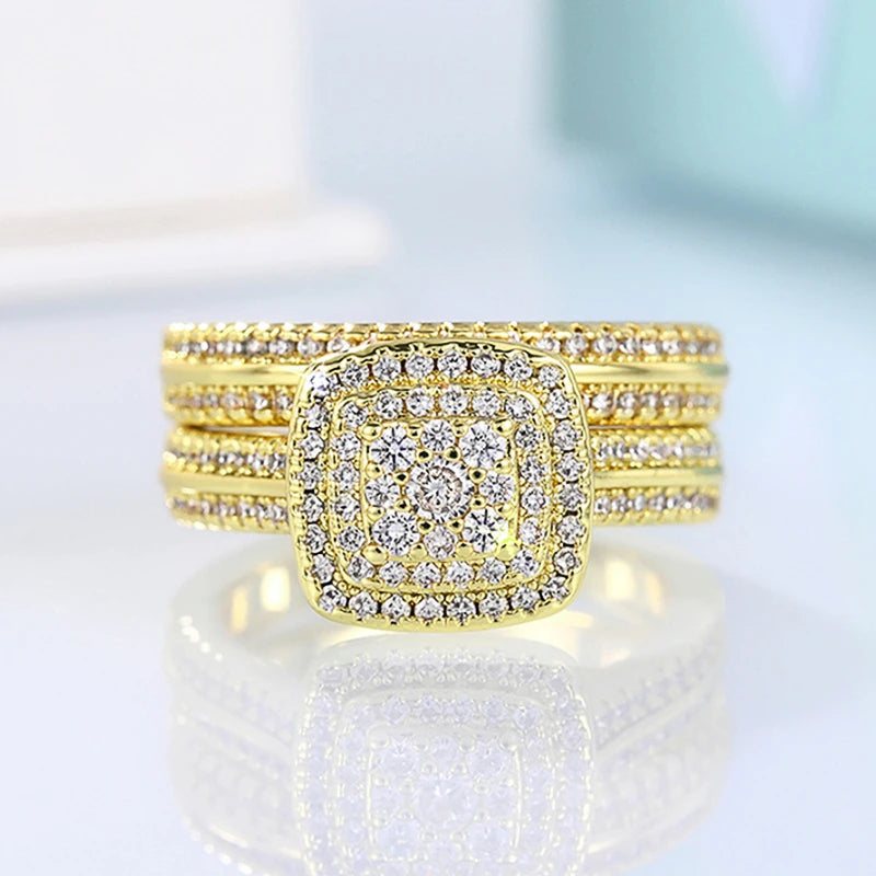 Set 2 Anillos Apilables Doble - Lujo Oro Circonita Compromiso Mujer