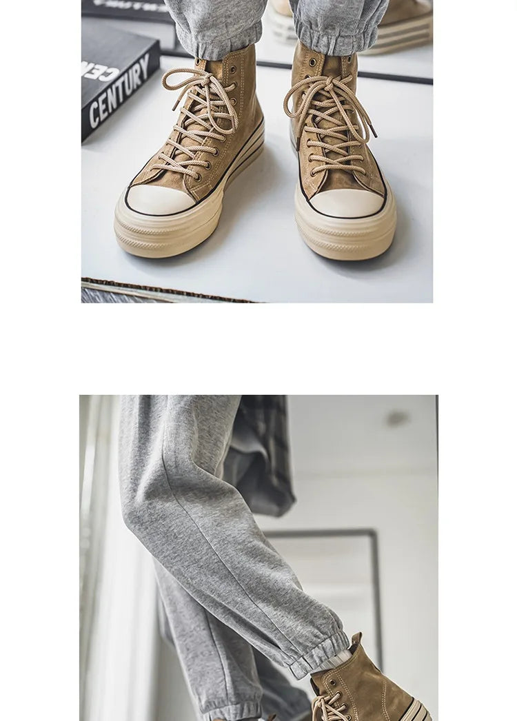 Sneakers Hombre Ante High-Top - Casual Vintage Marrón Botines Tobillo Suela Gruesa Tendencia Cordones