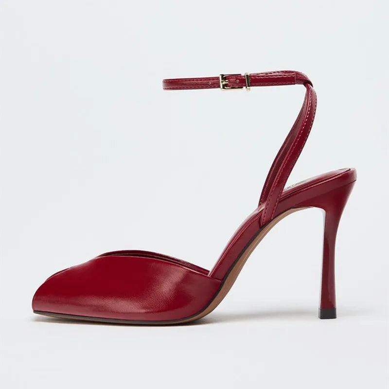 Sandalias Piel Mujer Rojas - Zapatos Tacón Alto Correa Tobillo Boda Elegantes