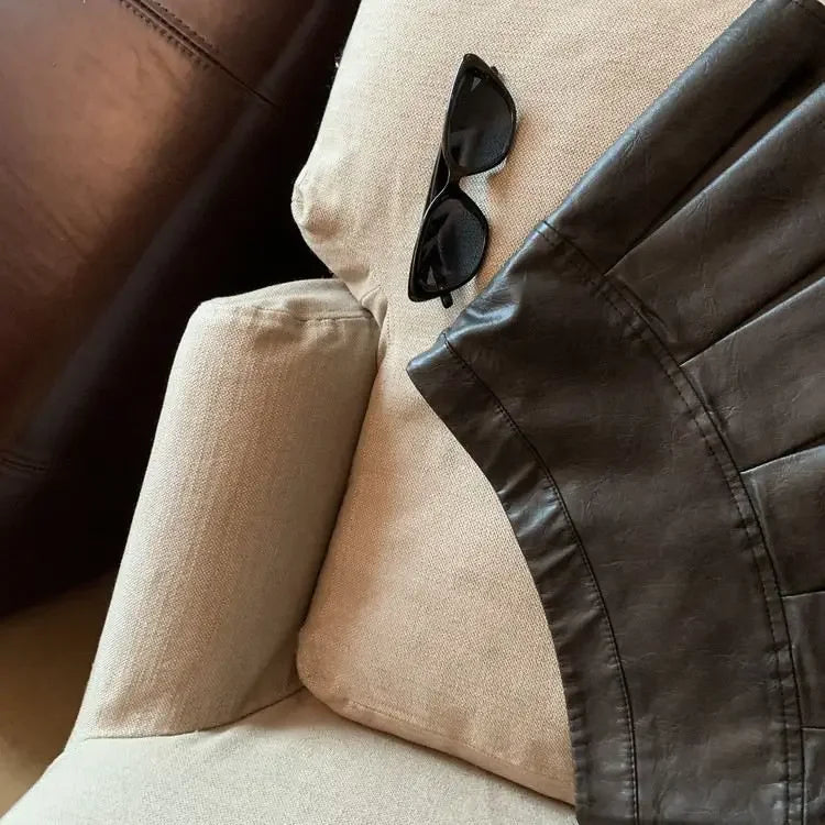 Falda Piel Plisada Mujer Mini - Falda Cuero PU Cintura Alta Roja Negra