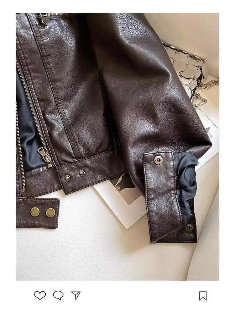 Chaqueta Cuero Mujer Primavera Otoño - Estilo Motociclista Retro