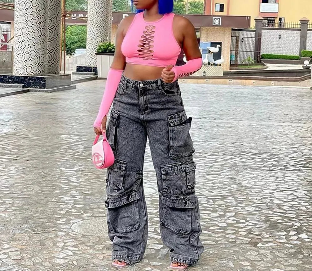 Jeans Cargo Mujer Europeos - Pantalón Multibolsillos Primavera
