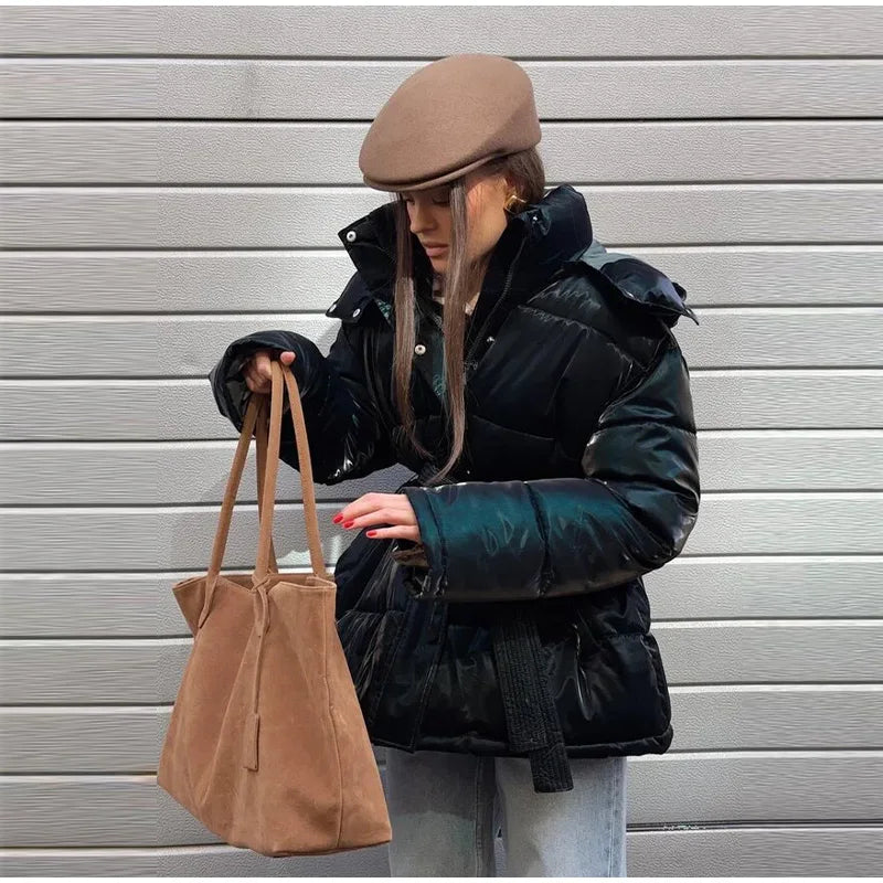 Abrigo Mujer Vintage Brillante - Abrigo Capucha Acolchado Cuello Alto 2025