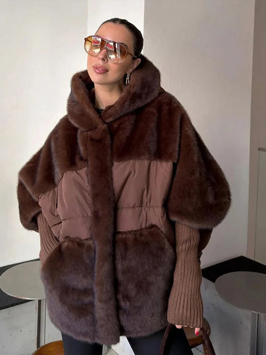 Abrigo Mujer Capucha Patchwork - Abrigo Manga Tejida Oversize 2025